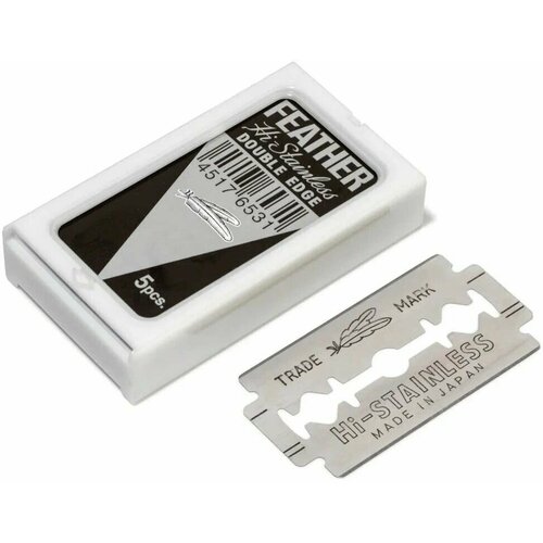 Двусторонние японские лезвия FEATHER чёрная упаковка Hi-Stainless Platinum для T-образных бритв и шаветок (1 упаковка - 5 лезвий)