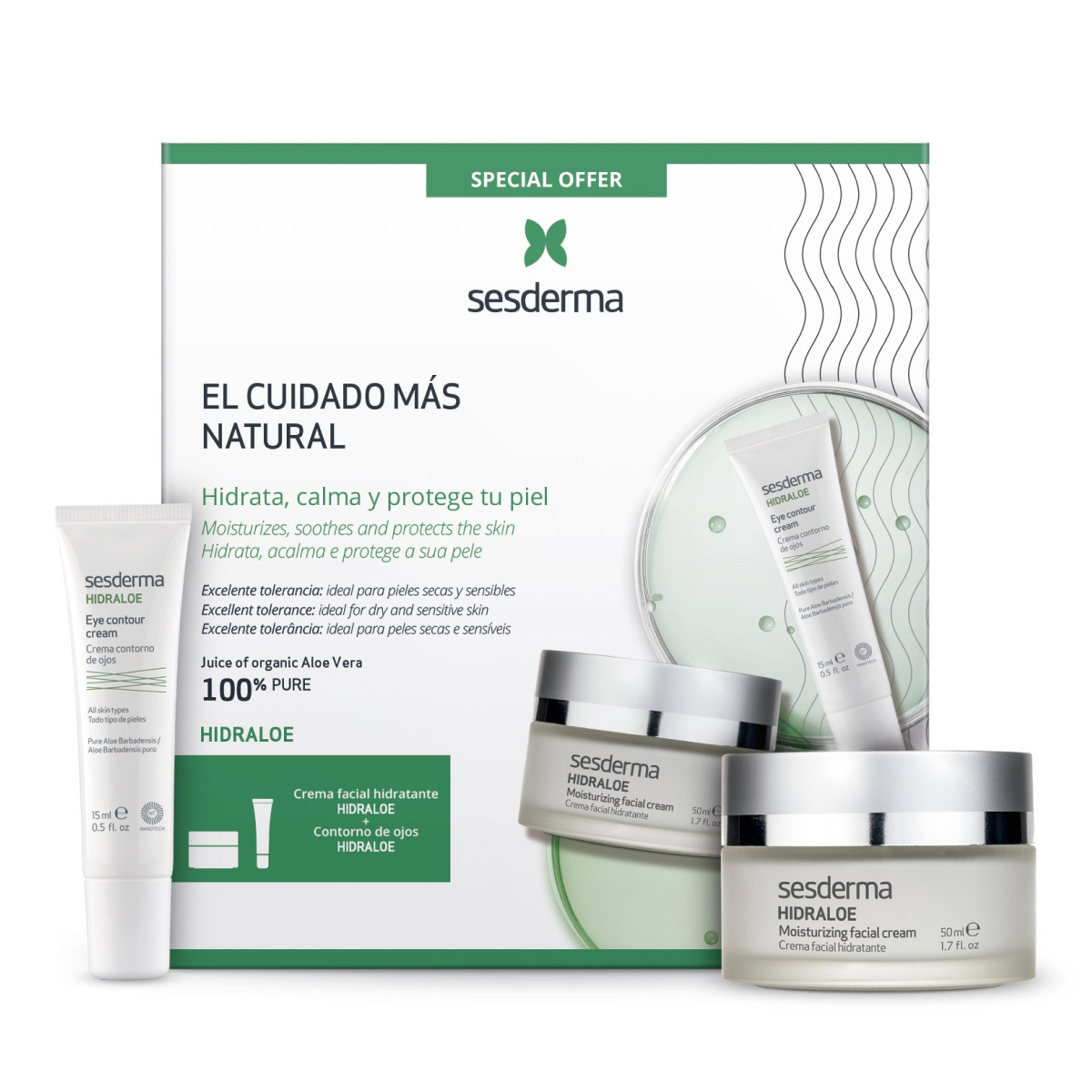 Sesderma подарочный набор HIDRALOE Крем увлажняющий для лица, 50 мл + HIDRALOE Крем-контур увлажняющий для зоны вокруг глаз, 15 мл