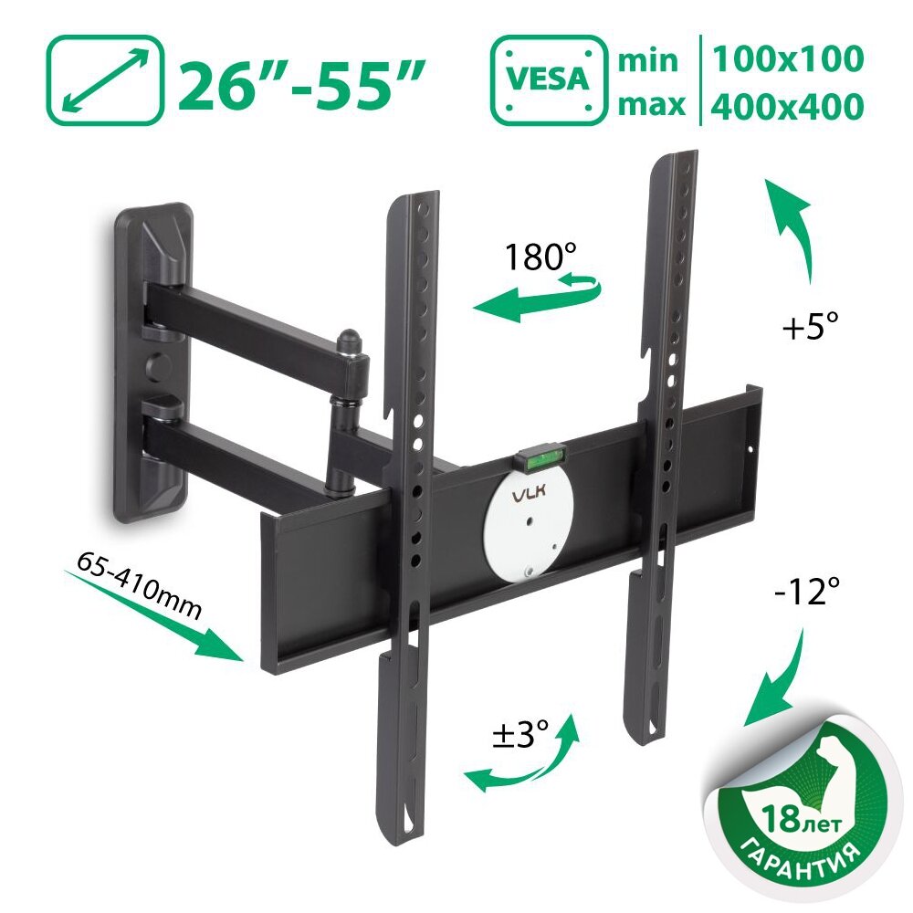 фото Кронштейн для телевизора настенный VLK TRENTO-24 / до 30 кг / наклонно-поворотное крепление для тв / держатель для телевизора