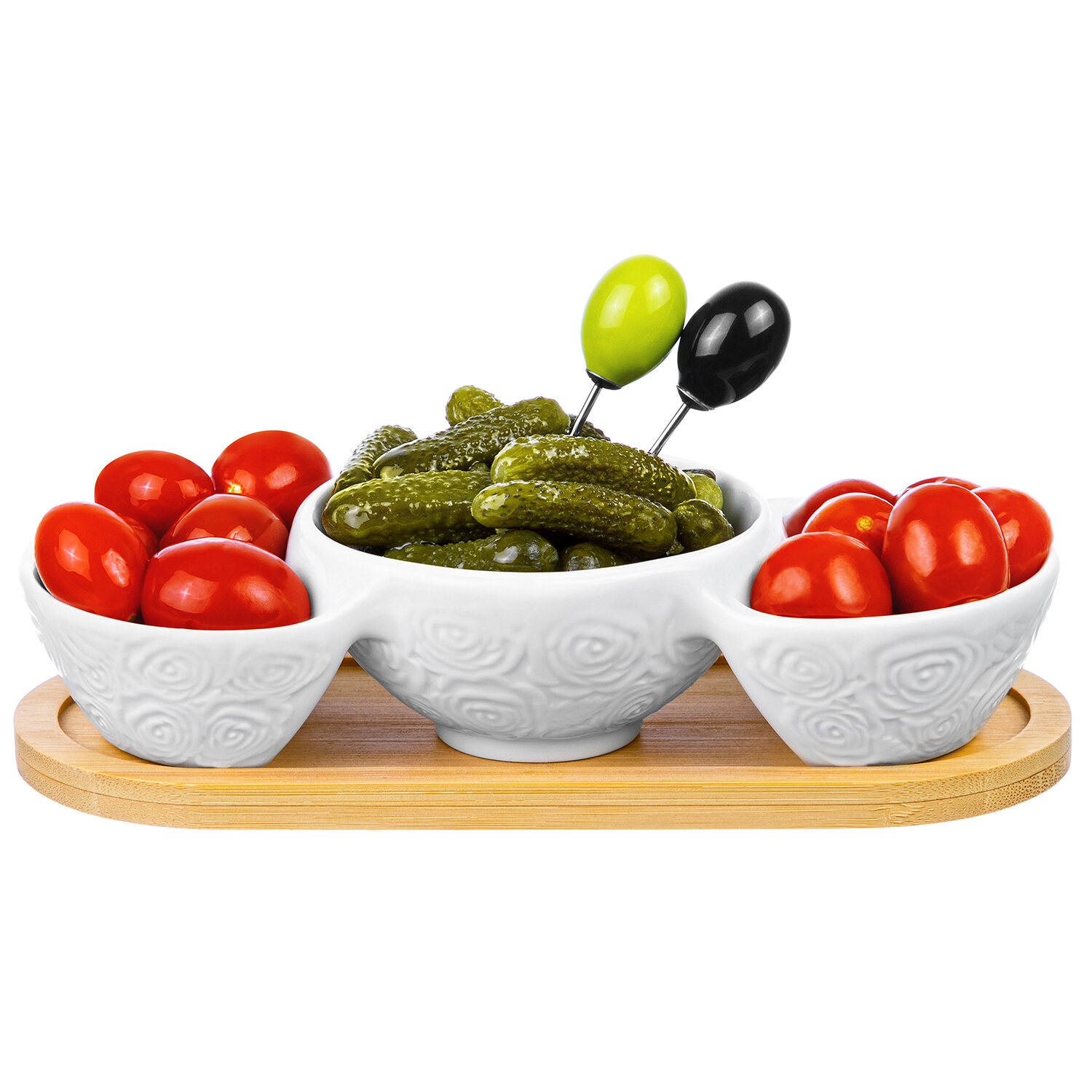 фото Блюдо-менажница с 3 секциями 22х9,5х5,8 см Elan Gallery Розы на деревянной подставке, с 2 шпажками