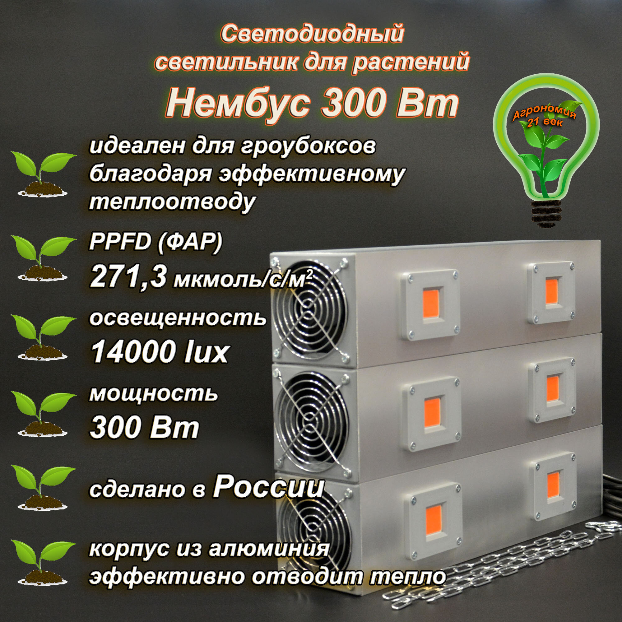 Светильник светодиодный полного спектра для гроубоксов и теплиц Нембус 300Вт, 40 см