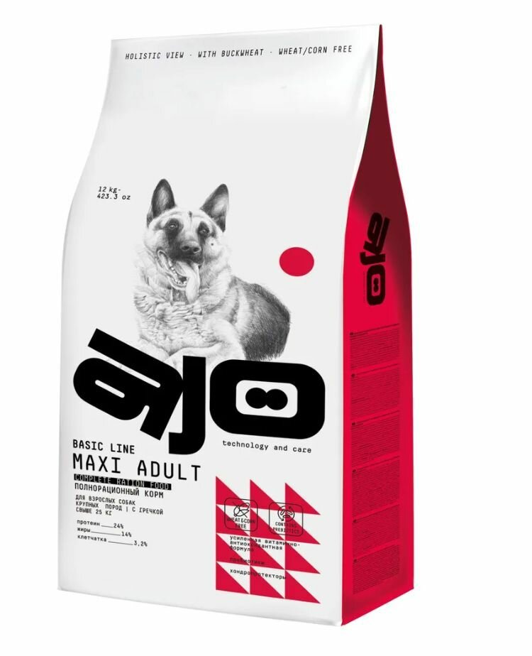 AJO Dog Maxi Adult сухой корм с гречкой для взрослых собак крупных пород 12 кг
