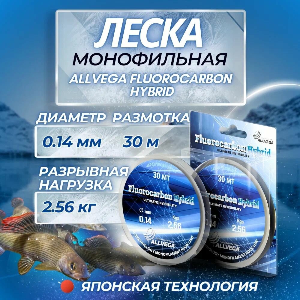 Леска монофильная ALLVEGA "Fluorocarbon Hybrid" 30м 0,14мм (2,56кг) флюорокарбон 65%