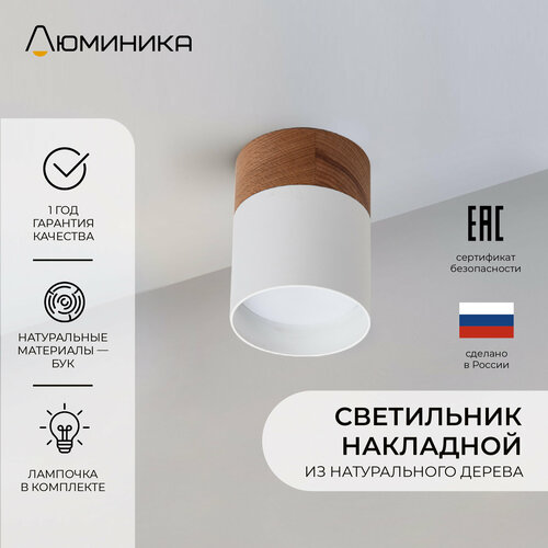 Светильник потолочный, спот, накладной, белый с натуральным деревом, GX53 