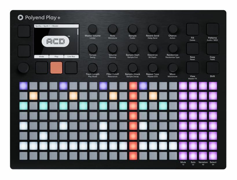 Грувбокс Polyend Play+, 16 пэдов, 8 голосов полифонии, с поддержкой MIDI, чёрный