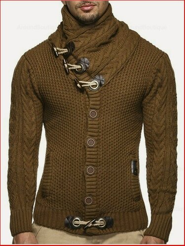 Изображение товара Свитер осенне-зимний вязаный жакет с высоким горлом на пуговицах мужской свитер