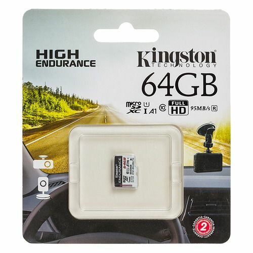 Карта памяти microSDXC UHS-I U1 Kingston High Endurance 64 ГБ, 95 МБ/с, Class 10, SDCE/64GB, 1 шт, без адаптера