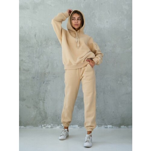 Костюм , худи и брюки, повседневный стиль, оверсайз, размер M, бежевый