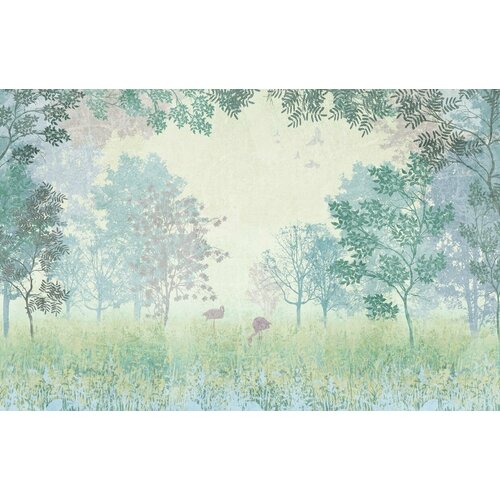 Моющиеся виниловые фотообои Фламинго в лесу стилизованный рисунок, 420х270 см