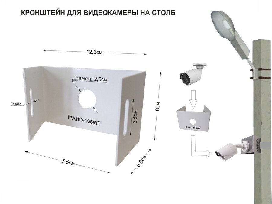 Кронштейн "AMBER-105WT" белый мини для 1 камеры на столб под СИП-ленту вылет 008м 75мм