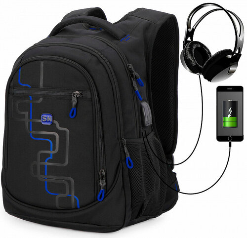 Рюкзак школьный с анатомической спинкой SkyName 90-140 черно-синий для подростка и USB-слотом