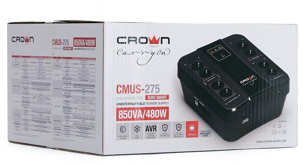 Источник бесперебойного питания Crown CM000003159 Line Interactive 850VA/480W, 2V/9AH, розетки 8*EURO, трансформатор AVR 220/230/2 - фото №2