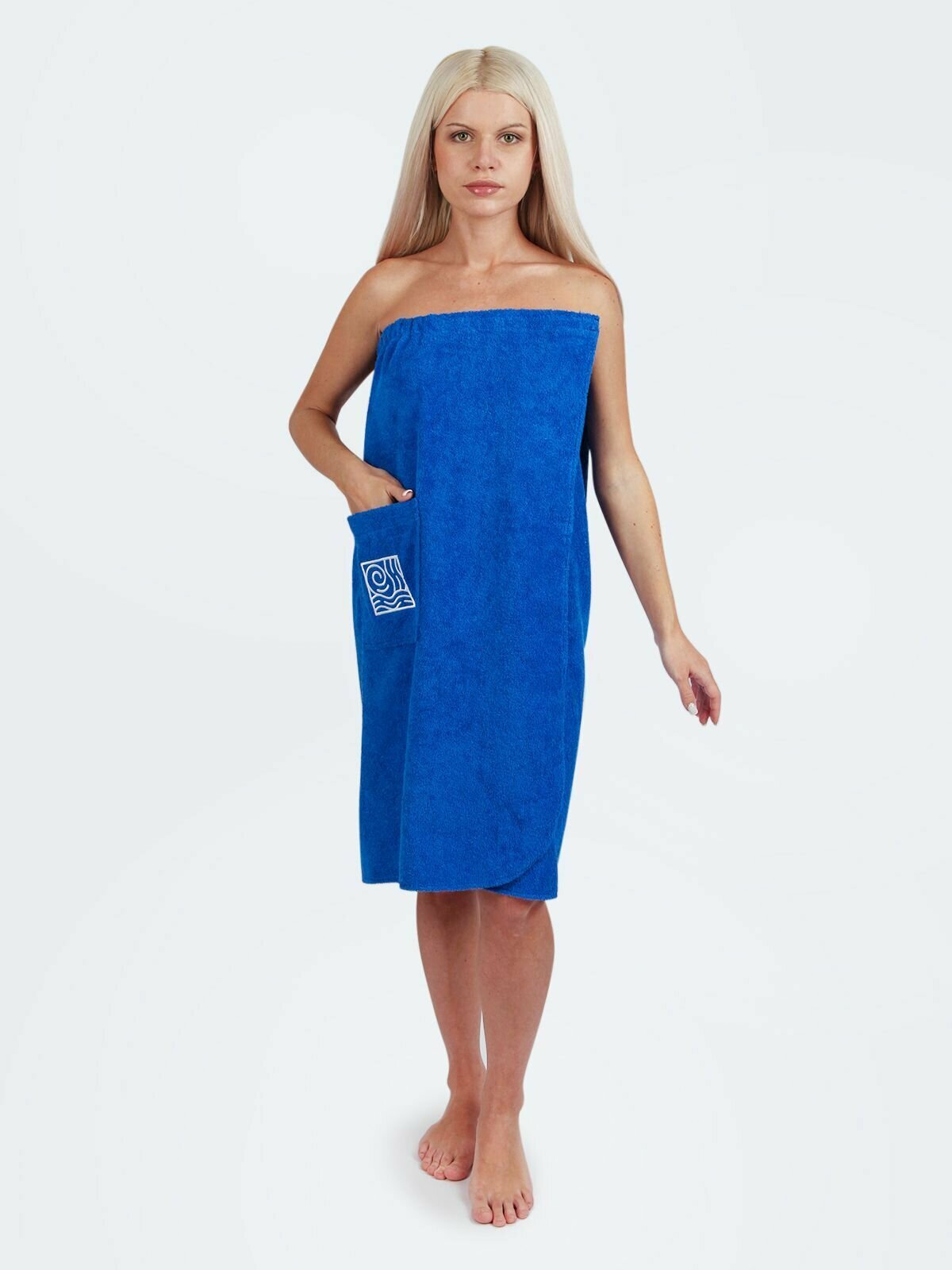 Парео/накидка для бани женская с фирменной вышивкой VALENOK BLUE, 100% хлопок, двухсторонняя махра 400 гр, усиленная липучка, 150х80 см