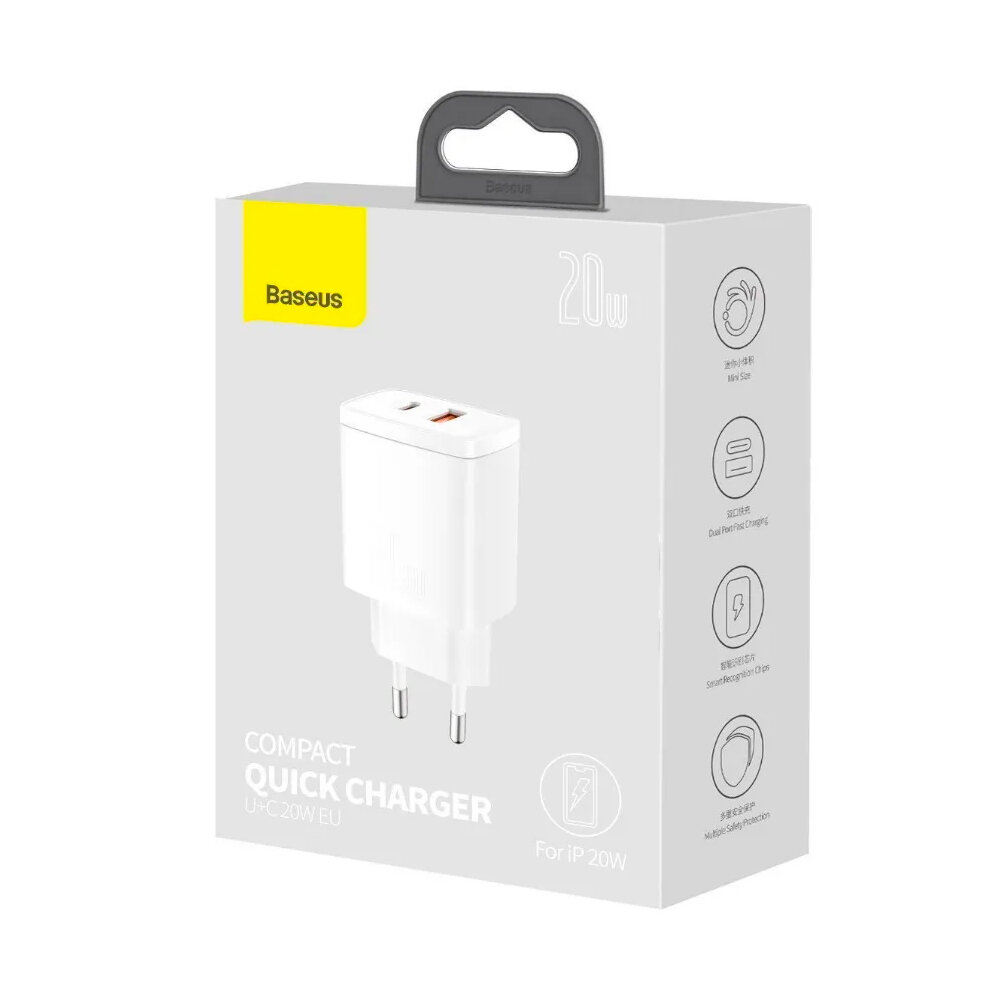 Сетевое зарядное устройство Baseus CCXJ-B02, Type-C+USB, 20W, белое