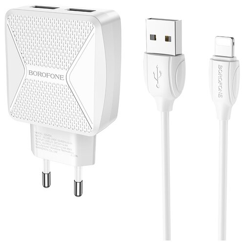 фото Сетевое зарядное устройство 2xusb с кабелем lightning borofone ba45a max - белое