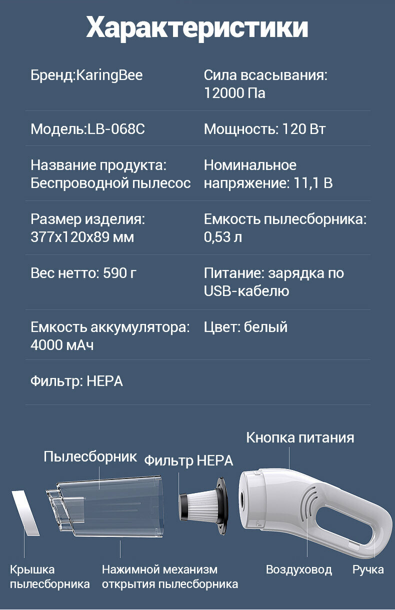 Пылесос для автомобиля беспроводной Karingbee LT-113C