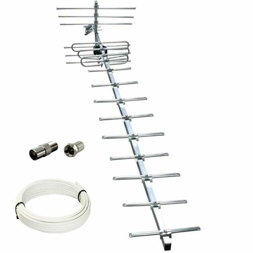 Алюминиевая уличная ТВ антенна Спектр 19 DVB-T2 для приёма цифрового ТВ, направленная, до 80 км, с кабелем 10 метров и штекером