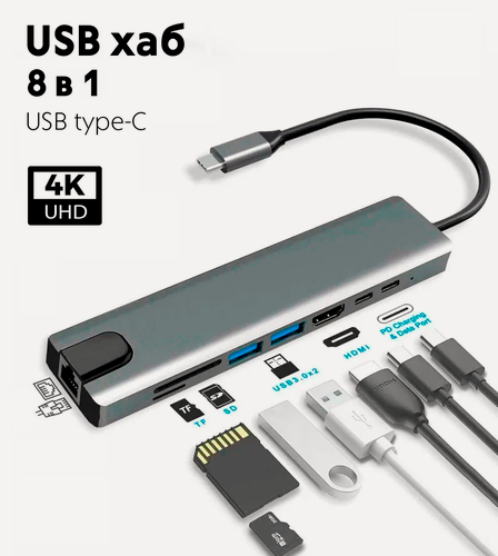 Изображение товара USB-концентратор с Type-C HDMI | RJ-45 | 2xUSB 3.0 | 2xType-C | SD | TF | PD