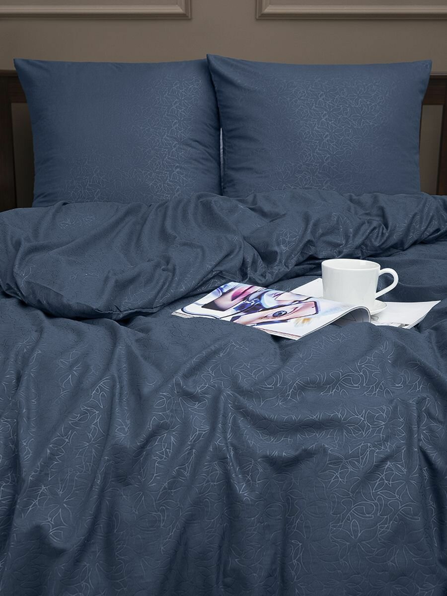 КПБ Amore Mio серия Мако-сатин 2-спальный Синий тиснение (2 наволочки 70х70)