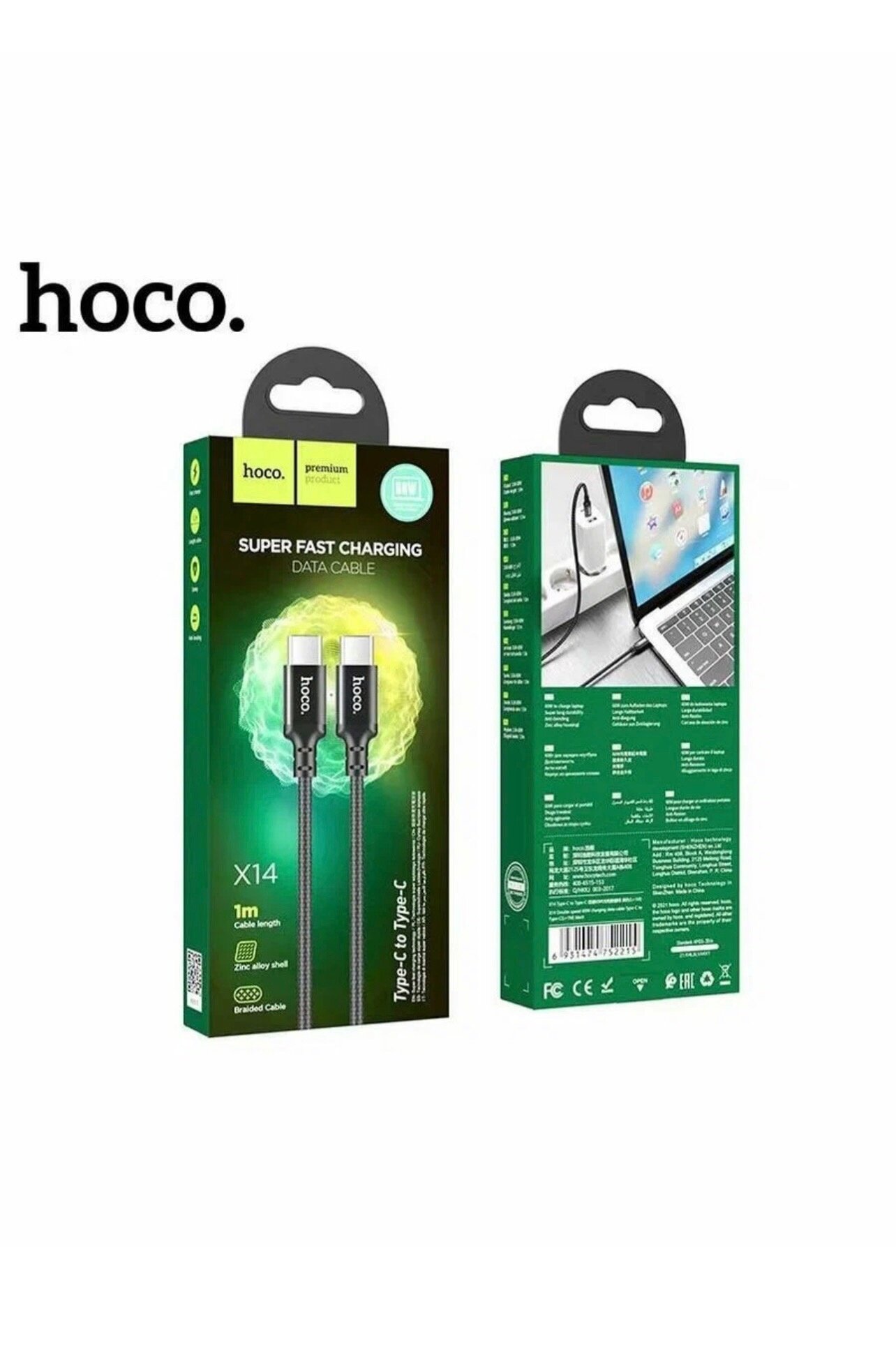 Кабель Hoco X14 Double Speed, USB Type-C - USB Type-C, 60W, 1м, черный