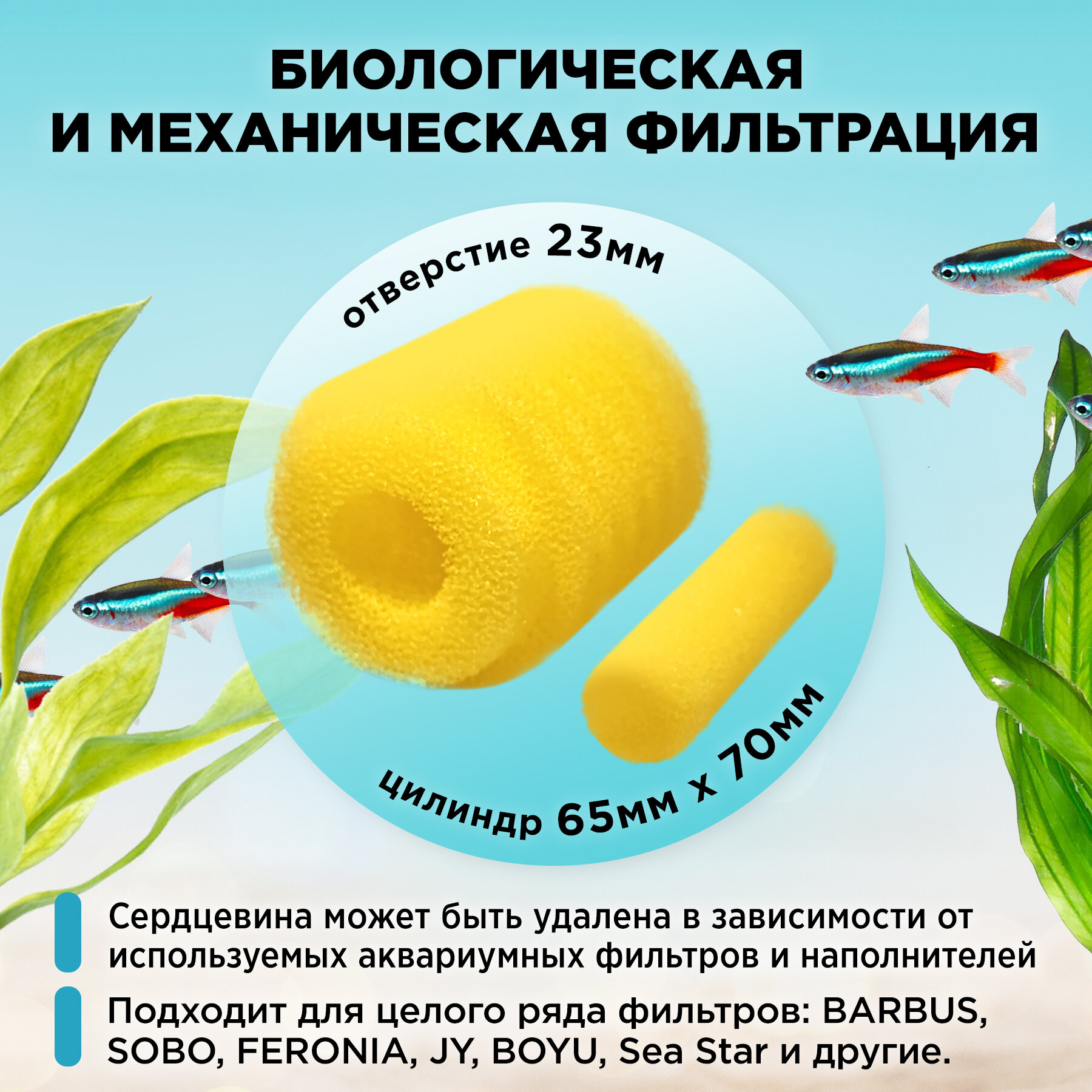 Сменная мелкопористая круглая губка для аквариумного фильтра, для BARBUS, SOBO, FERONIA и других, 65мм х 70мм, цилиндр, желтая