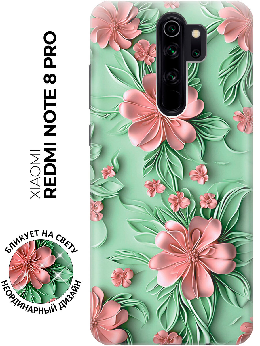 Силиконовый чехол на Xiaomi Redmi Note 8 Pro с принтом "Розовые цветы на мятном фоне"