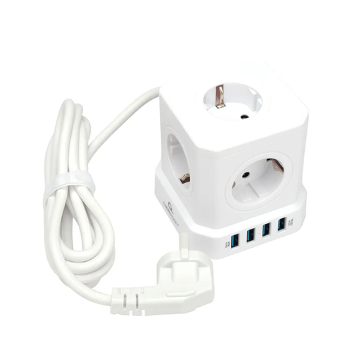 Удлинитель 2м, 5 розетки, 4 USB-порта, выключатель, заземление, провод 3х0,75мм²