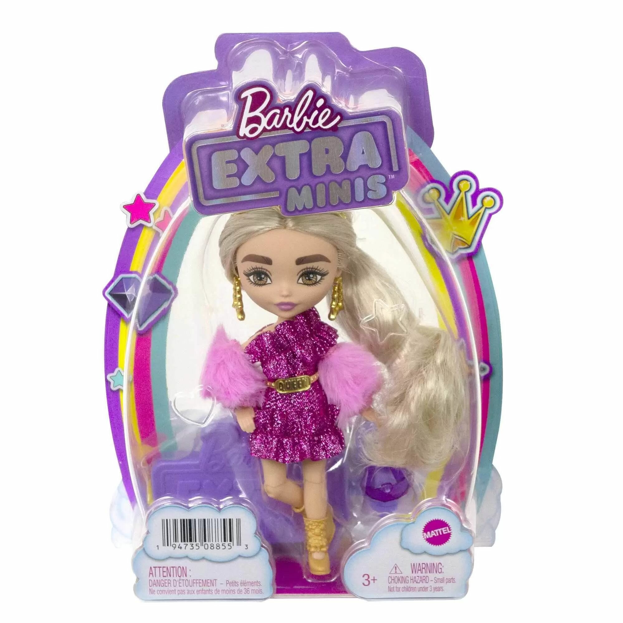 Кукла Mattel Barbie Мини-кукла Экстра Модница в мерцающем платье с меховой накидкой HJK67