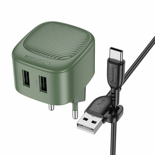 Сетевое зарядное устройство 2USB 2.1A для Type-C Borofone BAS21A 1м Olive Green автомобильное зарядное устройство кабель type c usb borofone bz21a 36w 2usb qc3 0 1м черное