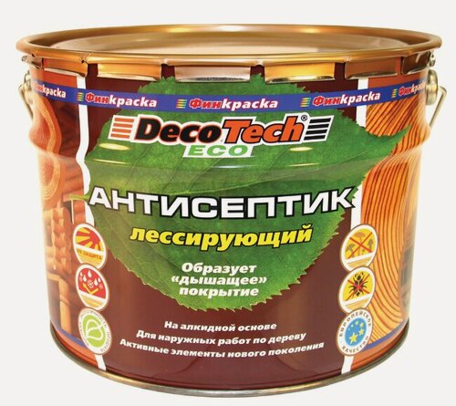 Изображение товара Лессирующий Антисептик Финкраска DecoTech Eco 10л Сосна, Алкидный для Обработки Наружных Деревянных Поверхностей / Декотек Эко.