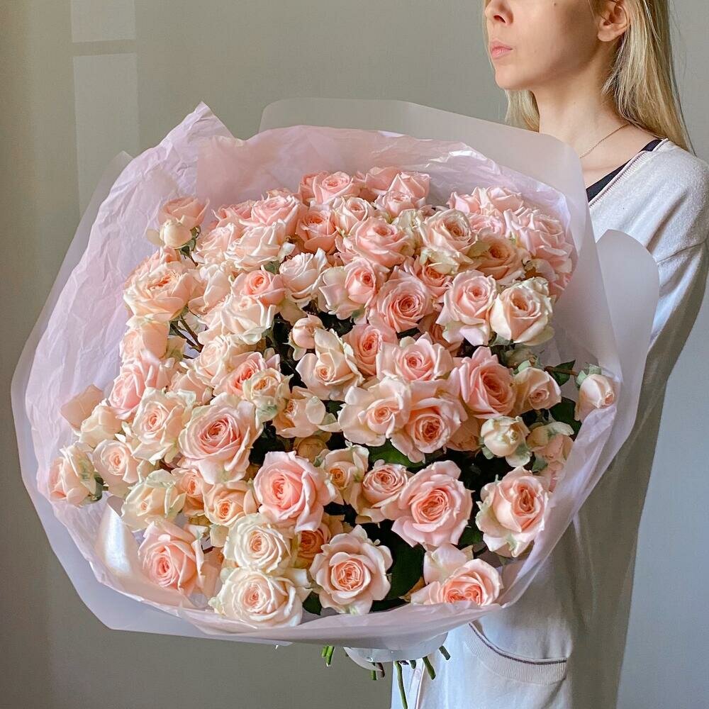 Монобукет "Букет нежных роз", розы кустовые, 60см, розовые, для женщин, мам, учителей, любимых — фото 1