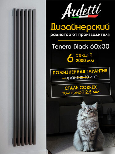 Изображение товара Вертикальный радиатор отопления 60х30 с высотой 2000 мм, 6 секций с нижним центральным подключением, черный