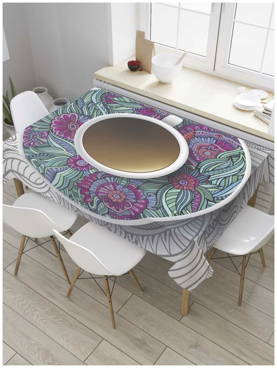 Скатерть прямоугольная JoyArty на кухонный стол "Чашка кофе на столе" из оксфорда, 120x145 см
