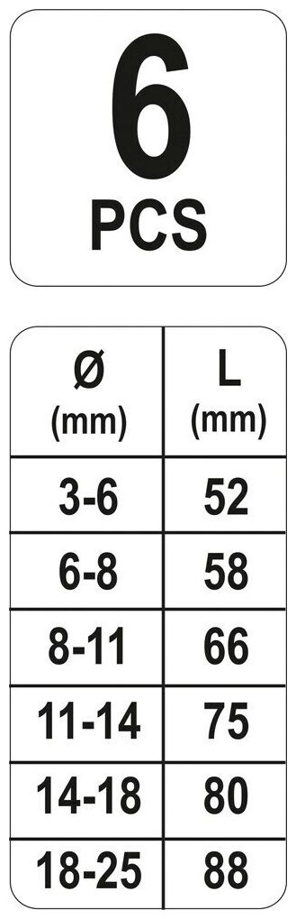 Набор Экстракторов Обломанных Болтов 6 Пр: 3-6 6-8 8-11 11-14 14-18 18-25 Мм YATO арт YT-0590