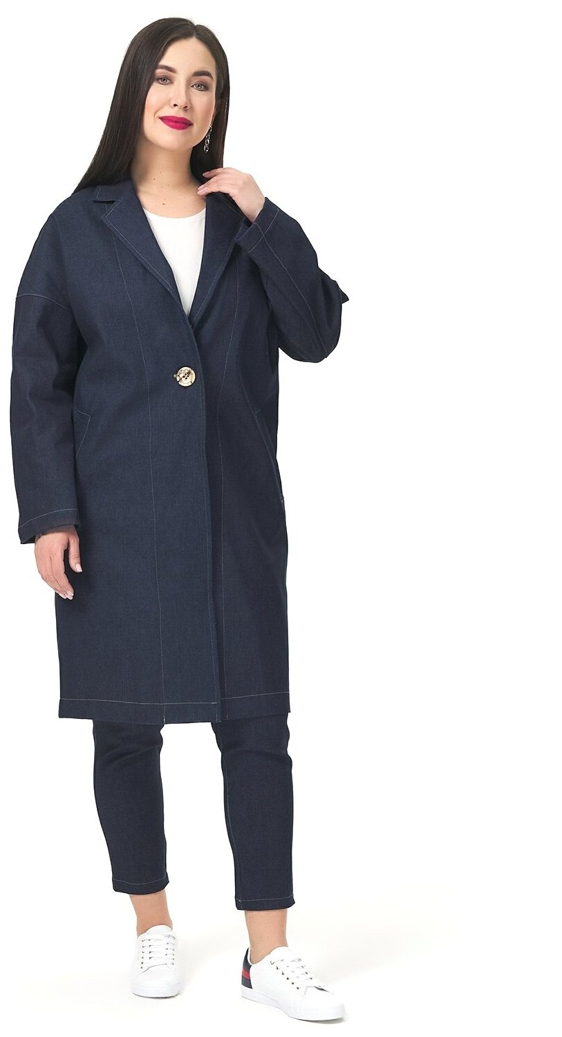 Кардиган-куртка женский джинсовый удлиненный на 1 пуговице с карманами с длинным рукавом plus size (большие Темно-синий OL/2113001-66 