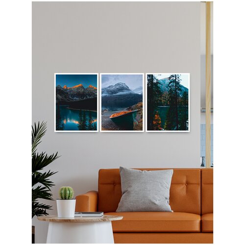 Постеры интерьерные на стену Горный пейзаж, лес, лодка, 3 шт, 30х40 см