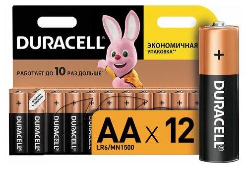 Батарейки комплект 12 DURACELL Basic AA (LR06 15А) алкалиновые пальчиковые, 1 шт
