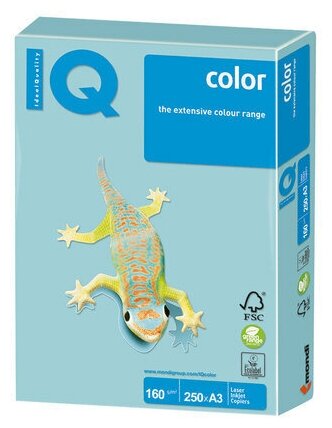 Бумага цветная IQ color большой формат (297х420 мм), А3, 160 г/м2, 250 л., пастель, голубая, MB30