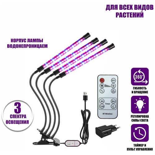 Фитолампа светодиодная, 4 панели, светильник для растений с регулируемым зажимом, пультом на проводе, пультом ДУ и адаптером питания