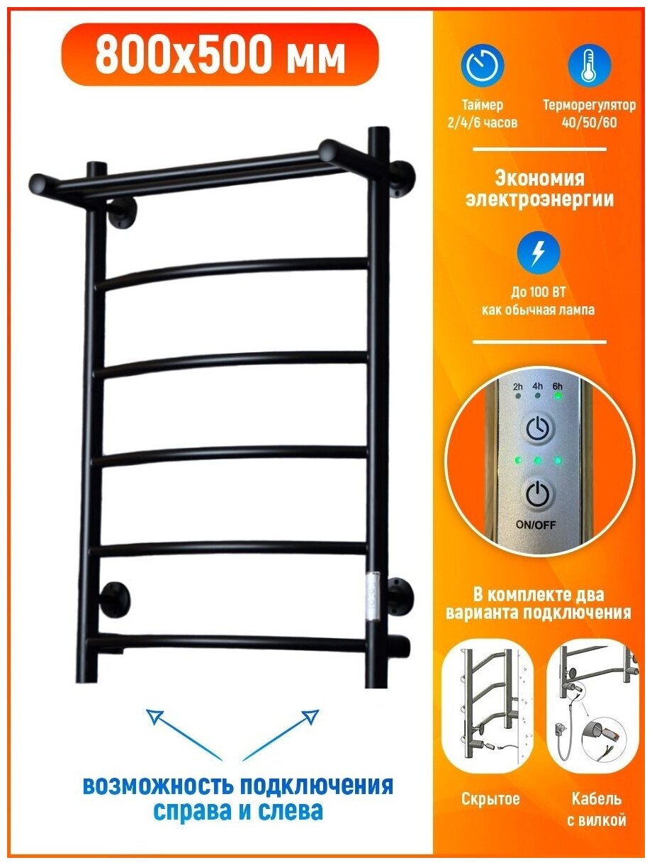 Полотенцесушитель электрический тругор ПЭК 5 П черный ВГП 80х50 лесенка с полкой терморегулятор скрытое подкл/вилка