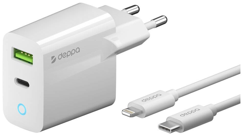 Сетевое зарядное устройство DEPPA 20W, USB + USB type-C, 8-pin Lightning (Apple), 3A, белый - фото №6
