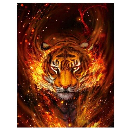 Алмазная мозаика / Алмазная мозаика на подрамнике 30x40 см / круглые стразы / Огненный тигр