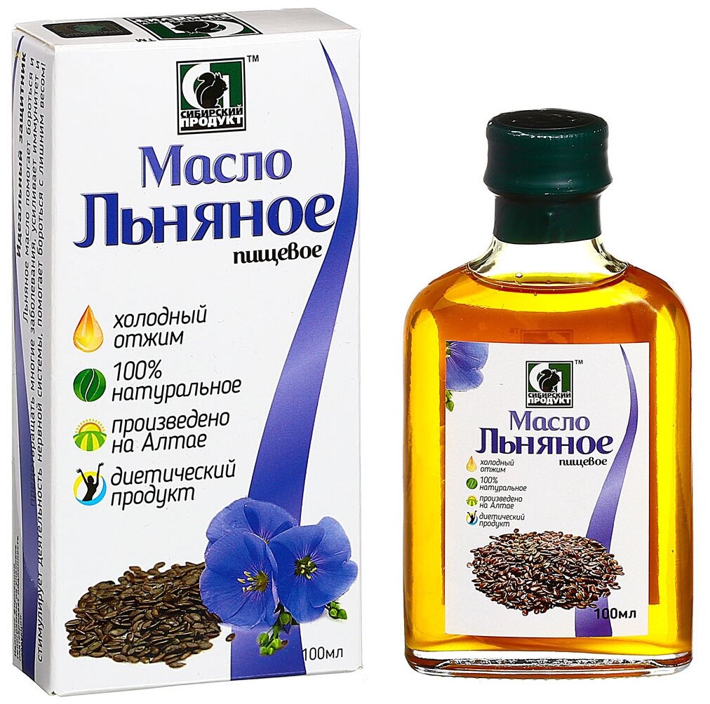 Масло льняное Сибирский продукт "Сибирское" марка П, нерафинированное, холодный отжим, без ГМО, 899 кКал, 100 мл