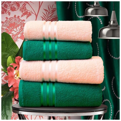 фото Набор из 4 полотенец harmonika цвет: персиковый, изумрудный (50х80 см - 2 шт, 70х130 см - 2 шт) dome