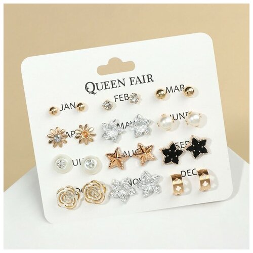 Серьги пусеты Queen Fair, стекло, пластик, белый, мультиколор