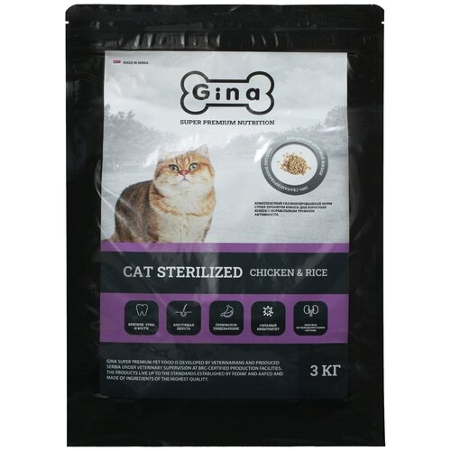 Сухой корм для стерилизованных кошек Gina курица, с рисом 4 шт. х 3 кг brit premium cat sterilized chicken для взрослых кастрированных котов и стерилизованных кошек с курицей 2 2 кг