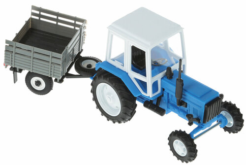 Трактор МТЗ-82 пластмасса сине-белый с прицепом с/х 1:43