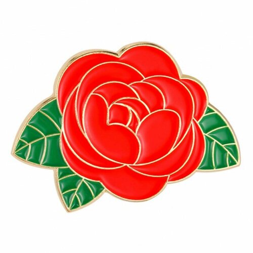 Брошь Брошь-значок металлическая Цветок Роза красная эмаль TOV-0359 основа золотого цвета с клипсой 31х21 мм, цена за 1 шт., красный, золотой