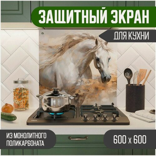 Изображение товара Фартук для кухни, защитный экран из акрилового стекла (поликарбонат) на кухонный фартук в зону мойки и плиты с фотопечатью. Панель на стену с рисунком Лошадь 600 х 600 х 3 мм, 600-041