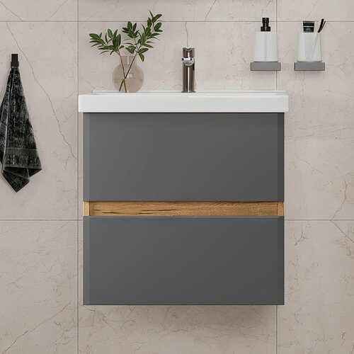 Изображение товара Тумба подвесная SanStar Graffa 60 с раковиной Фест 60 (комплект) для ванной комнаты Дуб вотан, графит софт